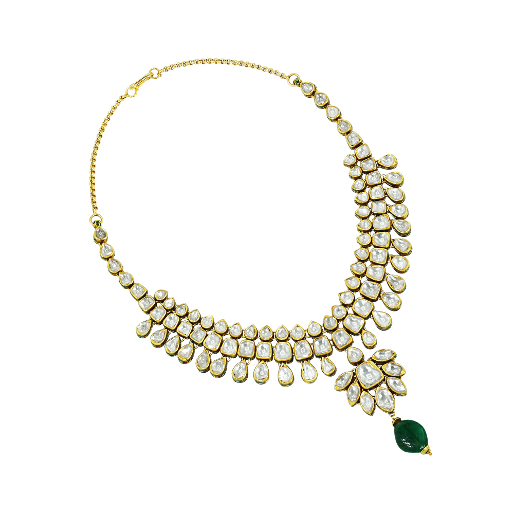 Layered Polki Necklace Set with Emerald Pendant and Kanoti Earrings